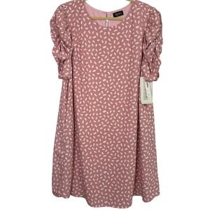 Spin USA Pink White Abstract Print Ruched Puff Sleeve Shift Dress Pockets 1X NWT